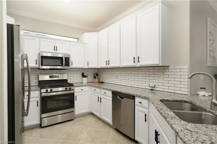 Kitchen with white cabinetry, sink, tasteful backsplash, and stainless steel appliances