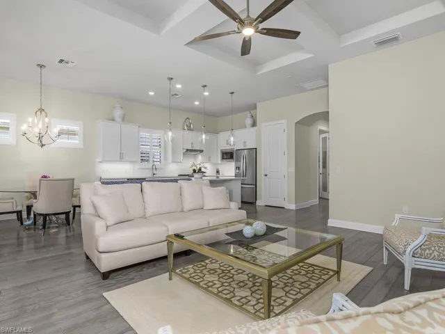 Open great room, kitchen, dining.