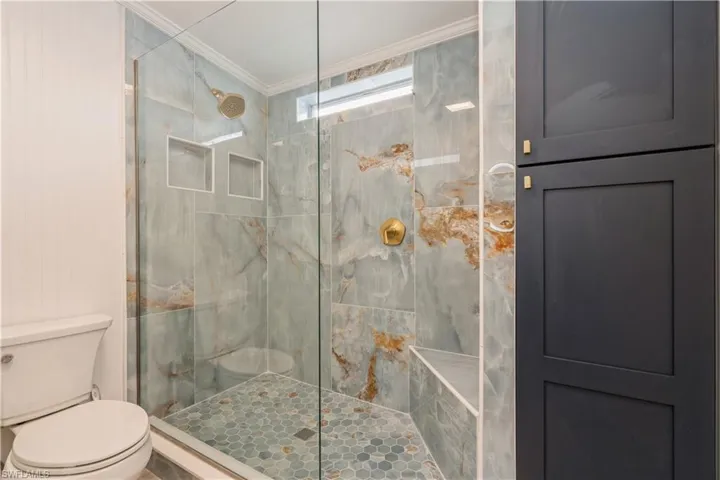 Bathroom featuring ornamental molding, toilet, and a shower with door