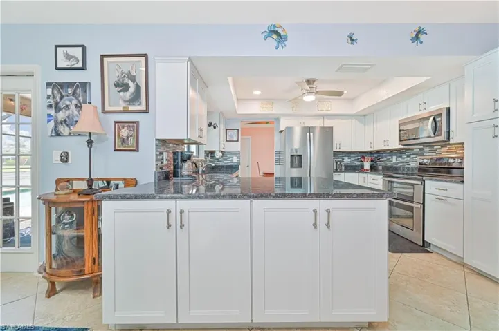 Kitchen with stainless steel appliances, a tray ceiling, a peninsula, and backsplash