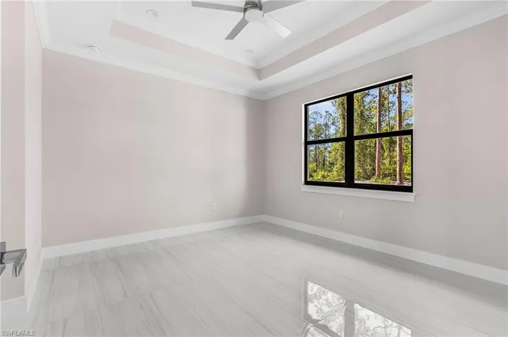 Spare room featuring ornamental molding, a raised ceiling, and a ceiling fan