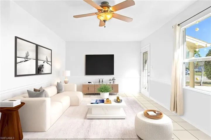 Tiled living room with ceiling fan