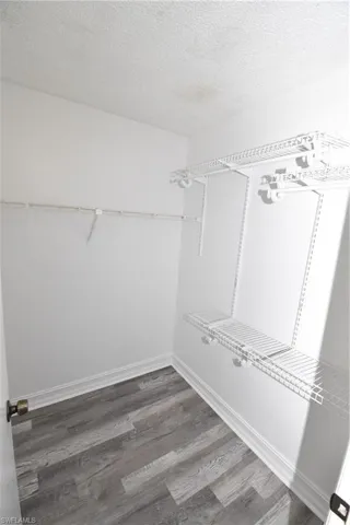 Walk in closet featuring dark wood-style floors