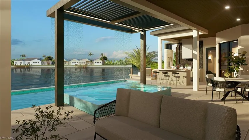 Swimming pool featuring a patio, an outdoor lounge area with bar, a pergola, a water view, and a residential view