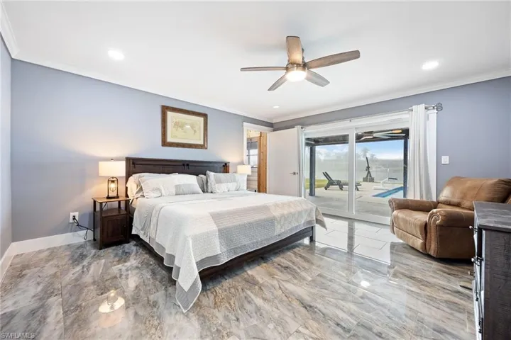 Bedroom featuring crown molding, access to outside, ceiling fan, and recessed lighting