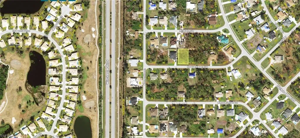 Aerial overview of property's location with property parcel outlined