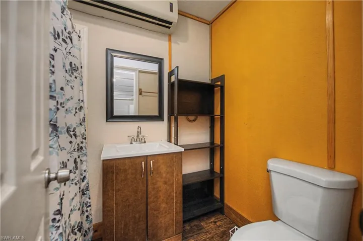 Bathroom with a wall mounted AC, vanity, dark wood-style flooring, and a shower with shower curtain