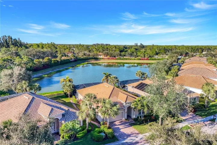 Birds eye view of property with a water view