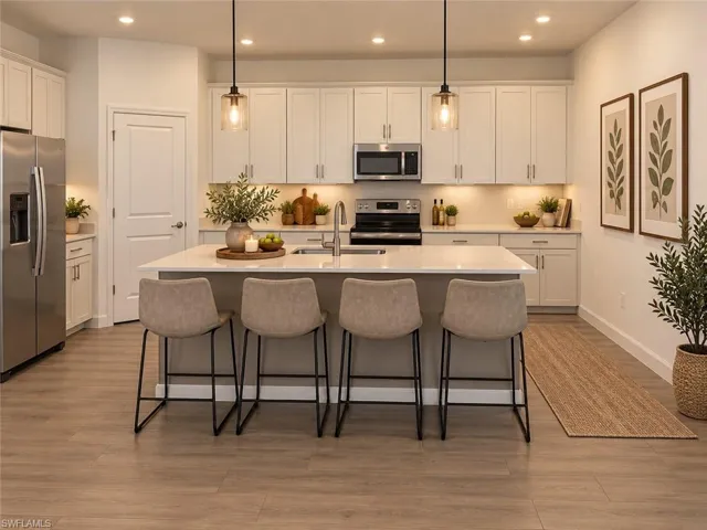 AI Kitchen featuring a large center island with seating, stainless steel appliances, white cabinetry, and wood-finish flooring