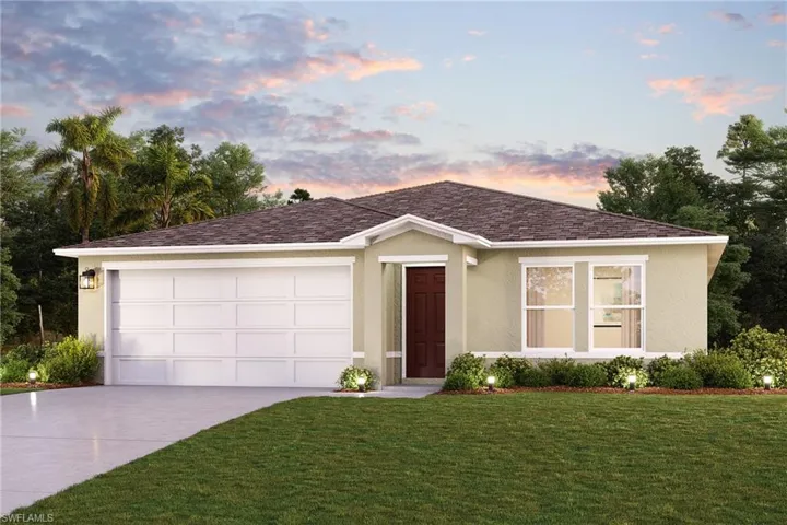 Single story home featuring concrete driveway, stucco siding, a lawn, and an attached garage