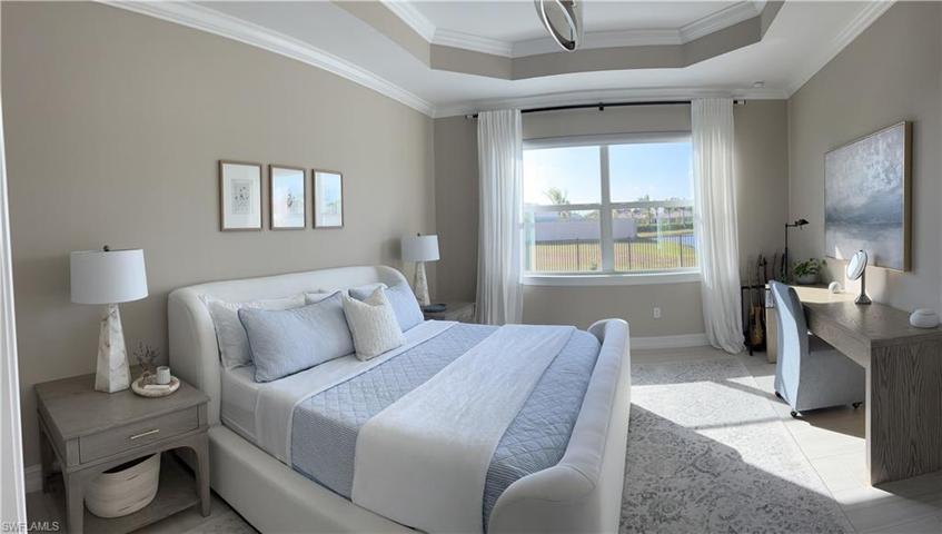 Primary Bedroom with Lake View and motorized blackout shade