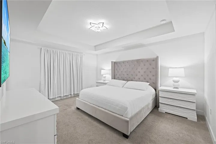 Bedroom featuring a tray ceiling and light carpet