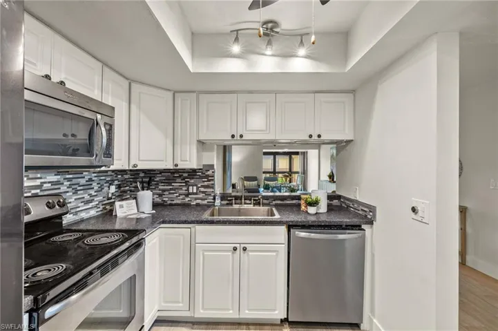Kitchen with stainless steel appliances, a sink, a raised ceiling, dark countertops, and white cabinetry
