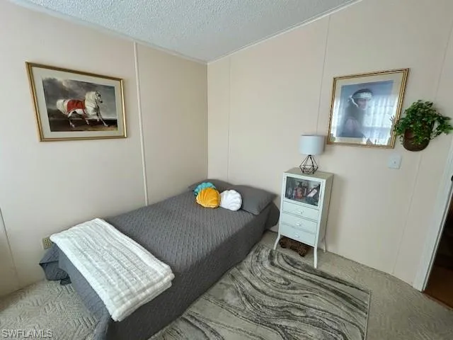 Carpeted bedroom with a decorative wall and a textured ceiling