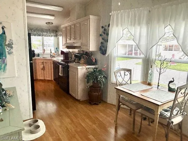 Kitchen with black electric range, under cabinet range hood, light wood-type flooring, and light countertops
