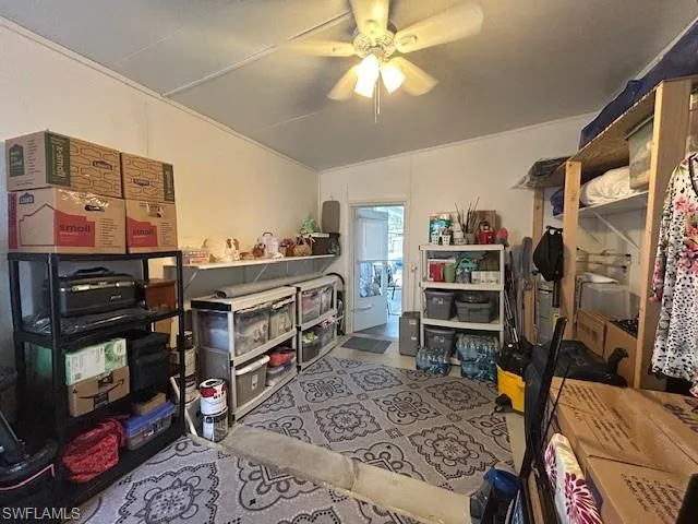 Storage area with a ceiling fan
