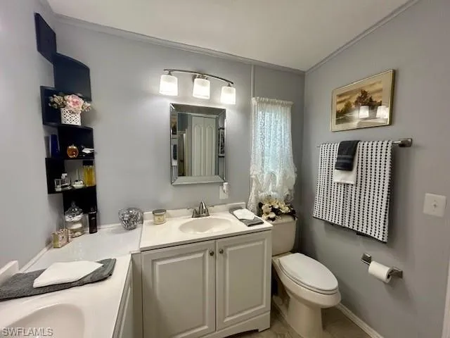 Bathroom with vanity, crown molding, and tile patterned flooring