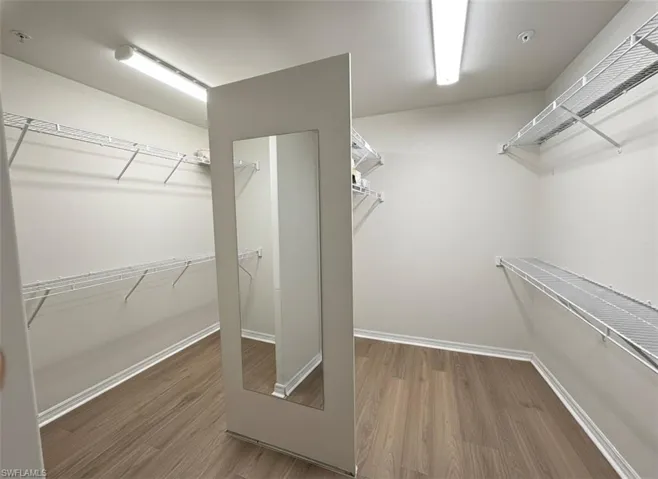 Walk in closet featuring dark wood-style floors *Photos have been virtually staged for perspective.