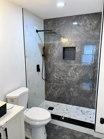 Bathroom featuring vanity, toilet, and a tile shower