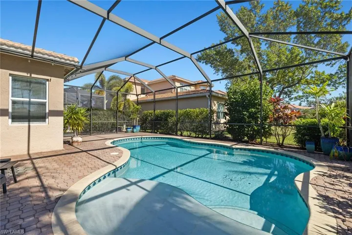 View of pool with a lanai and a patio