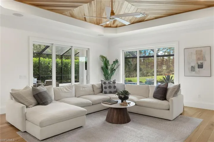 Living room featuring plenty of natural light, light hardwood / wood-style floors, and wooden ceiling