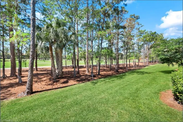 View of property's community with view of wooded area and a yard
