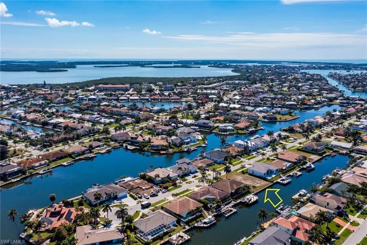 Birds eye view of property with a water view and a residential view