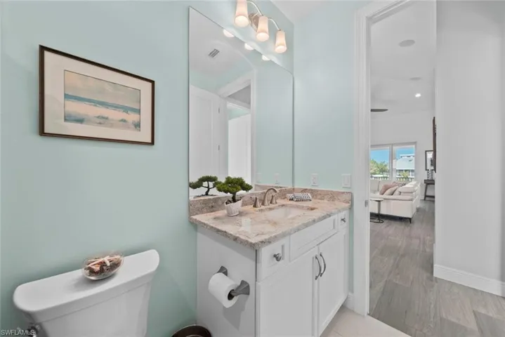 Bathroom with vanity, toilet, and wood-type flooring