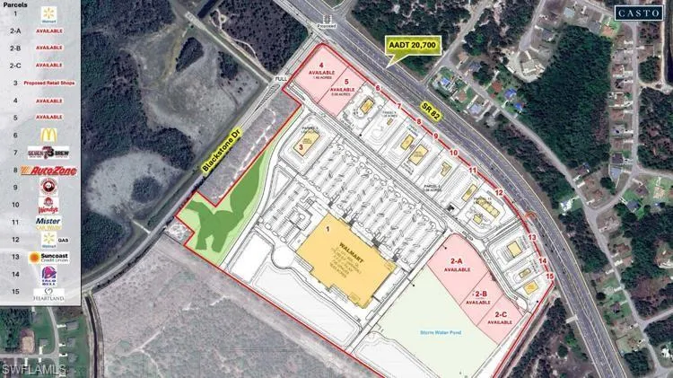 Site Plan. Illustrating the property layout, including parcels, road infrastructure, and commercial establishments