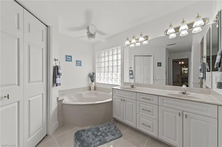 Bathroom featuring a built-in corner soaking tub, glass block window, dual vanity with undermount sinks, and a ceiling fan