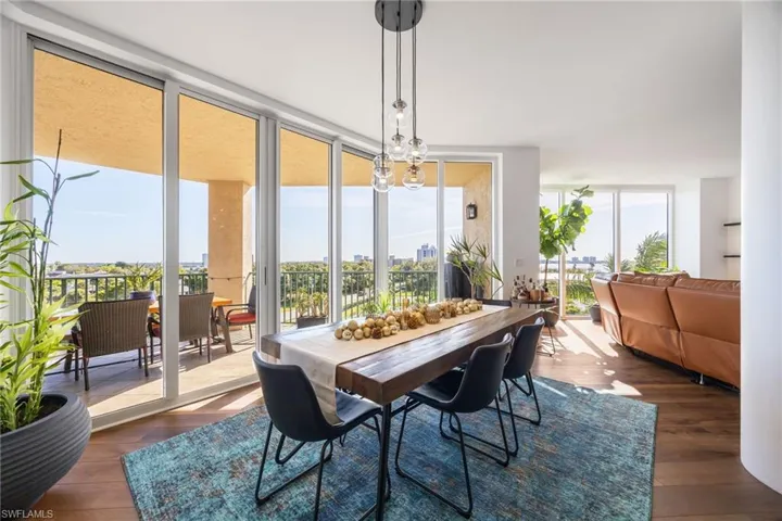 Dining area with expansive windows, a chandelier, dark wood-style flooring, and plenty of natural light