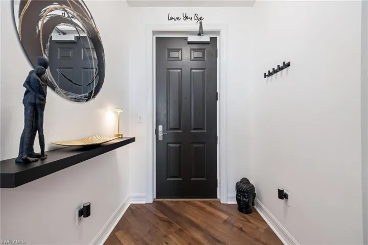 Foyer entrance featuring dark wood-type flooring and baseboards