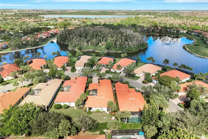 Aerial perspective of suburban area with a large body of water