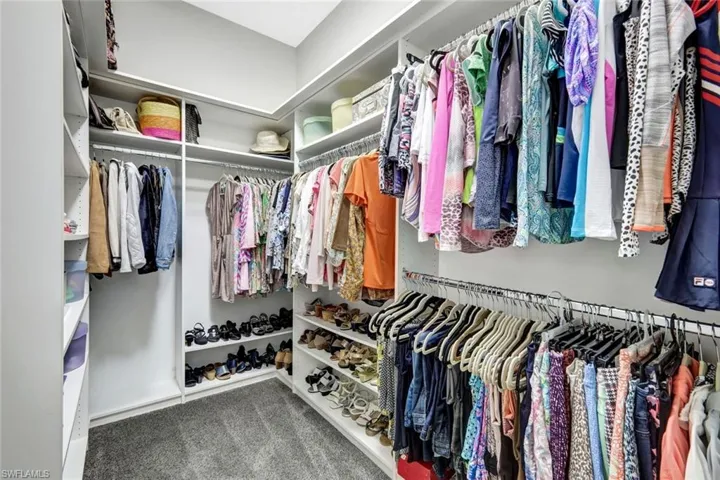Walk in closet with dark colored carpet