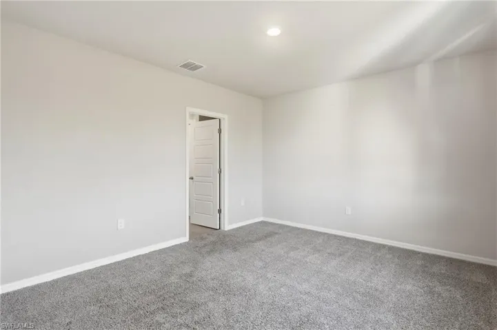 Spacious room with plush gray carpet, light neutral wall paint, white trim, and a five-panel interior door