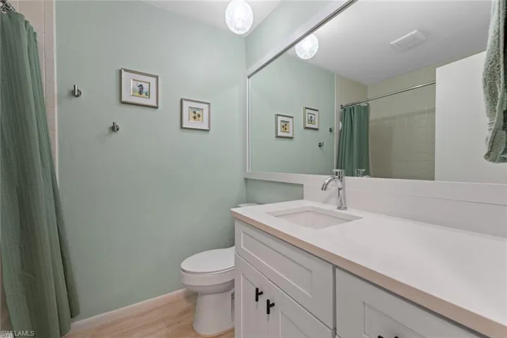 Bathroom with wood-type flooring, vanity, and toilet