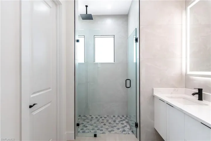 Primary Bathroom featuring vanity and a shower stall