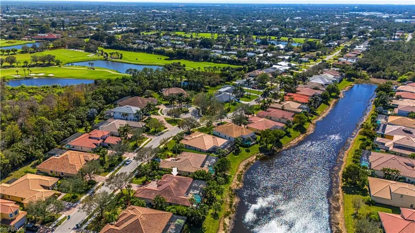 Aerial view featuring a water view and a residential view