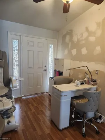 Home office with a wealth of natural light, dark hardwood / wood-style floors, and ceiling fan
