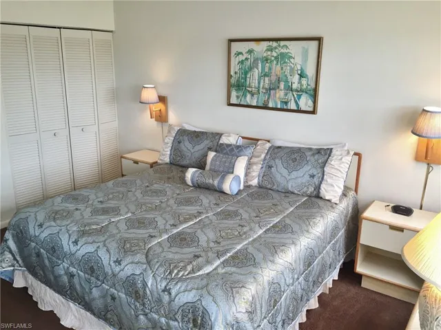 Carpeted bedroom with a closet