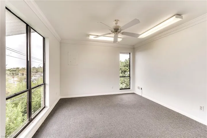 Unfurnished room featuring ornamental molding, carpet flooring, and a ceiling fan