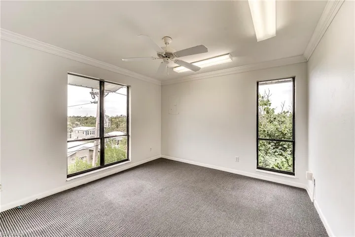 Carpeted empty room featuring ornamental molding, plenty of natural light, and a ceiling fan