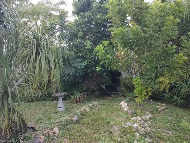 Mature landscape highlighting the main entrance.