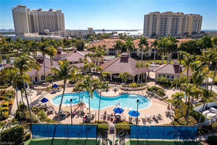 Bird's eye view of a pool and a nearby body of water