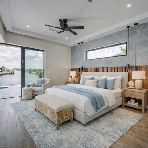 Bedroom with access to outside, an accent wall, a ceiling fan, a water view, and wood finished floors