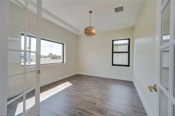 Spare room featuring dark wood-type flooring, a tray ceiling, and healthy amount of natural light