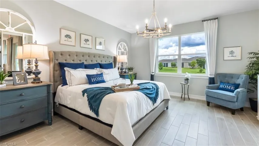 Expansive window, wood-finish flooring, and chandelier