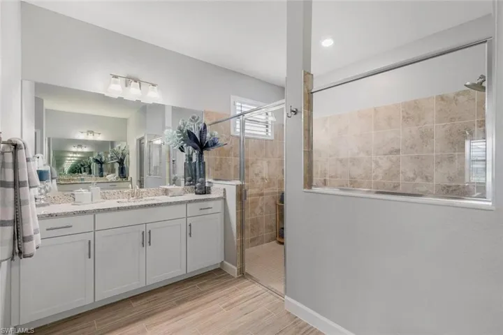 Bathroom with walk in shower and vanity