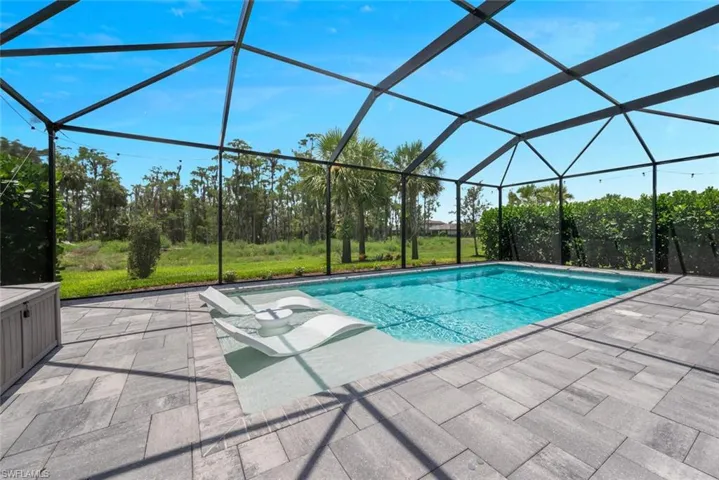Outdoor pool with a patio and a lanai