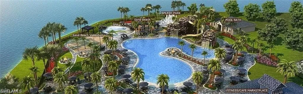 Bird's eye view of a pool and a nearby body of water